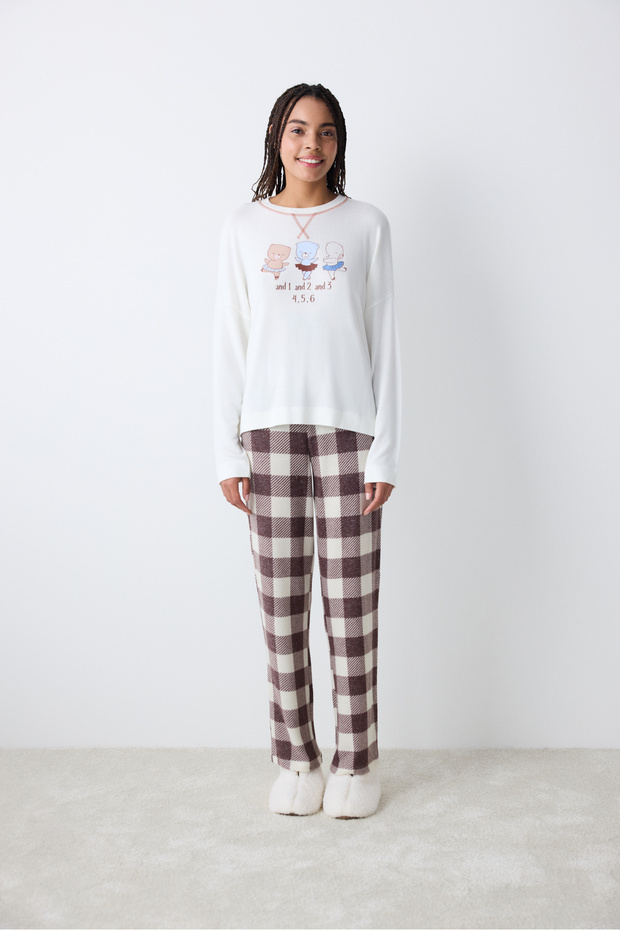 Cute Bear Ekru Sweatshirt Pijama Üstü - 1