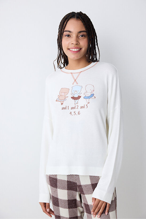 Cute Bear Ekru Sweatshirt Pijama Üstü - 2