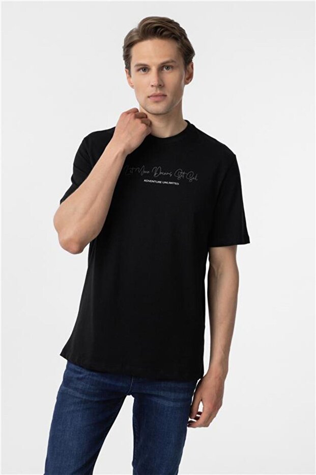 Siyah Regular Baskılı Bisiklet Yaka Tişört - 4