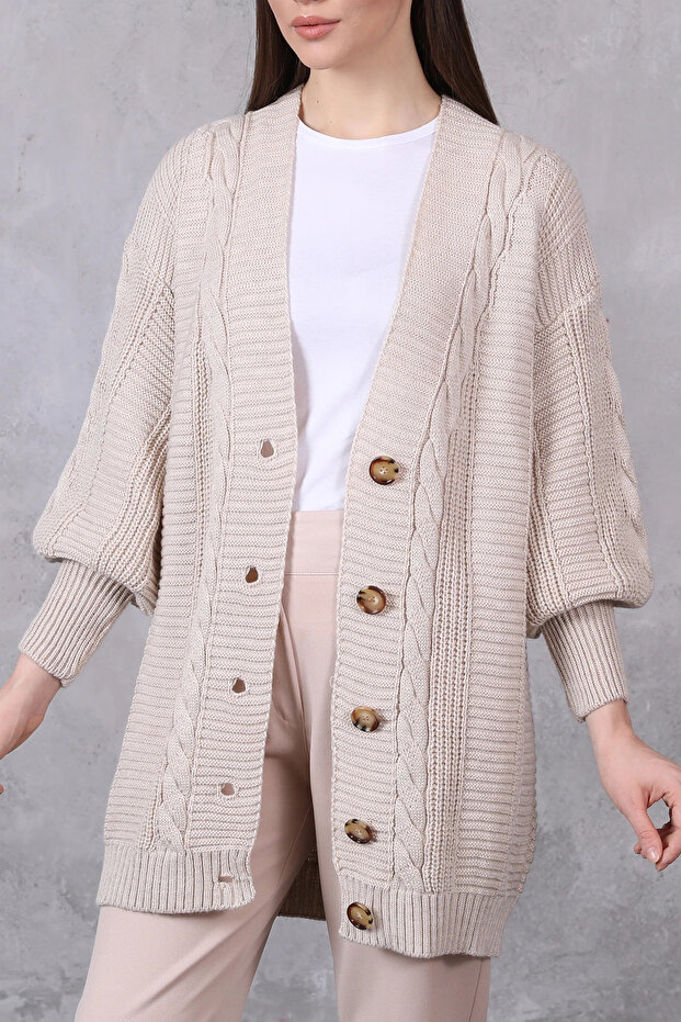 Women’s Knit Cardigan 5-Button Braided Cardigan Stone