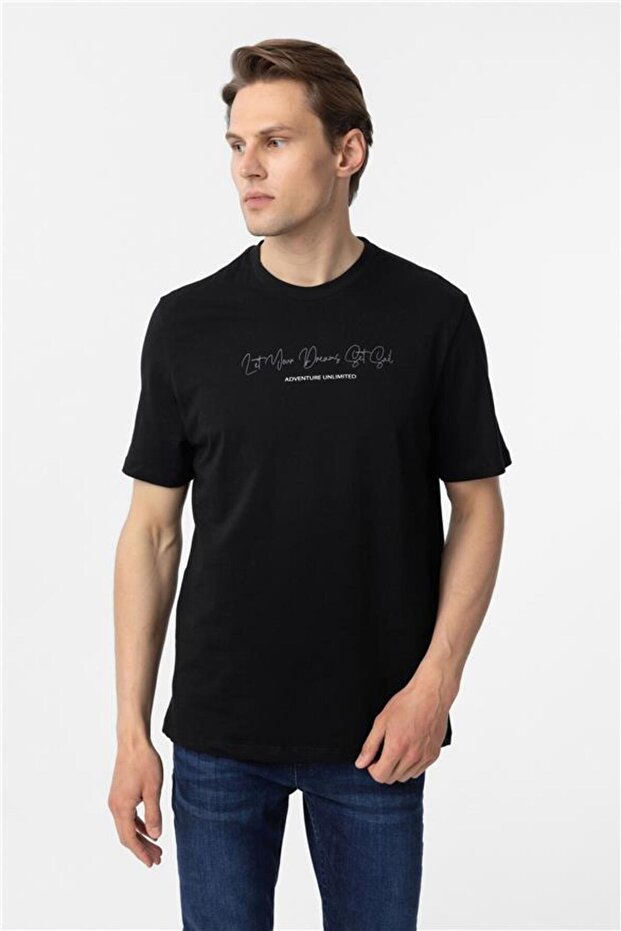 Siyah Regular Baskılı Bisiklet Yaka Tişört - 2