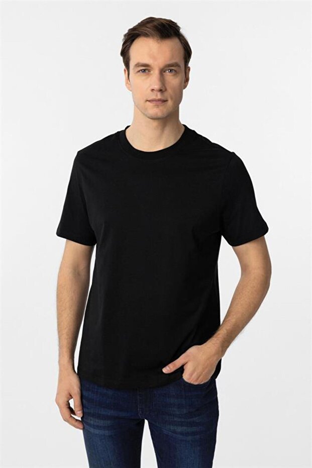 Siyah Regular Düz Bisiklet Yaka Tişört - 2