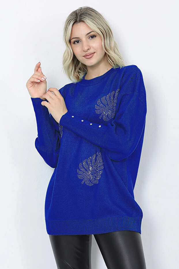 Women's Knitwear Sweater Crew Neck Leaf Patterned Sleeve Rhinestoned Oversize Cobalt Blue