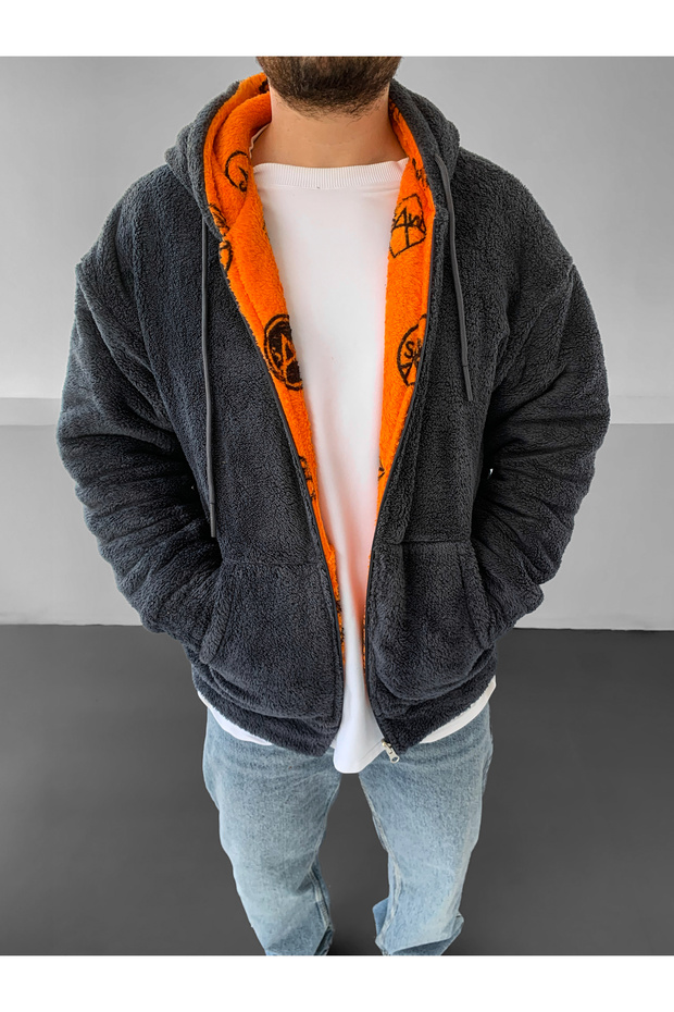 Turuncu Çift Taraflı Kalın Peluş Mont - 3