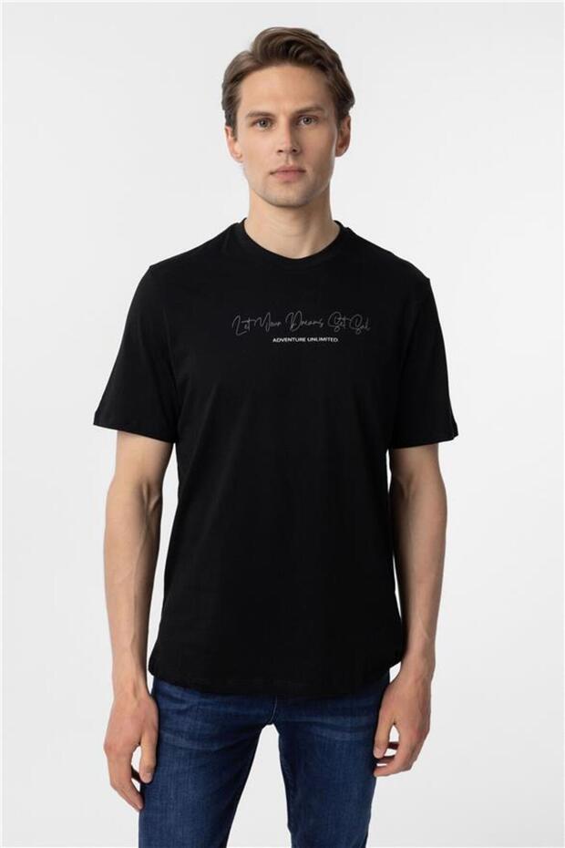 Siyah Regular Baskılı Bisiklet Yaka Tişört - 1