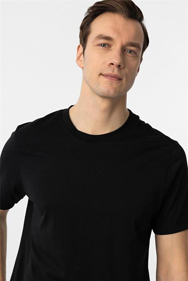 Siyah Regular Düz Bisiklet Yaka Tişört - 3