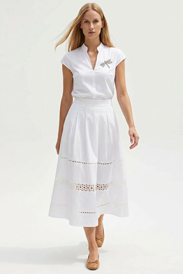 Fisto Detailed Pure Cotton Midi Length Lined Skirt
