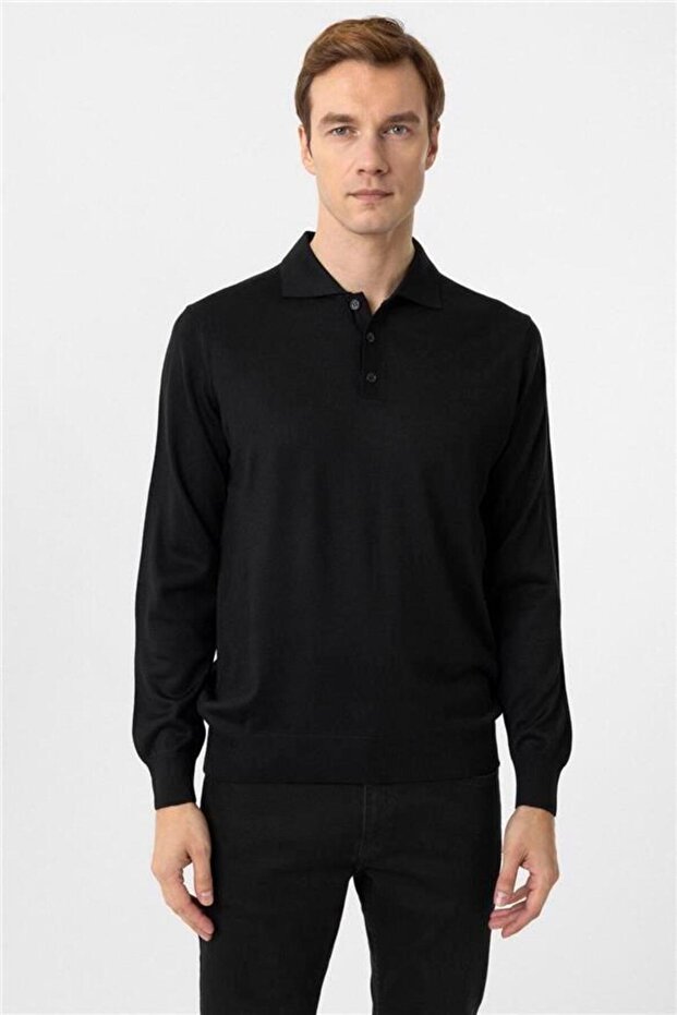 Siyah Regular Düz Polo Yaka Triko - 1