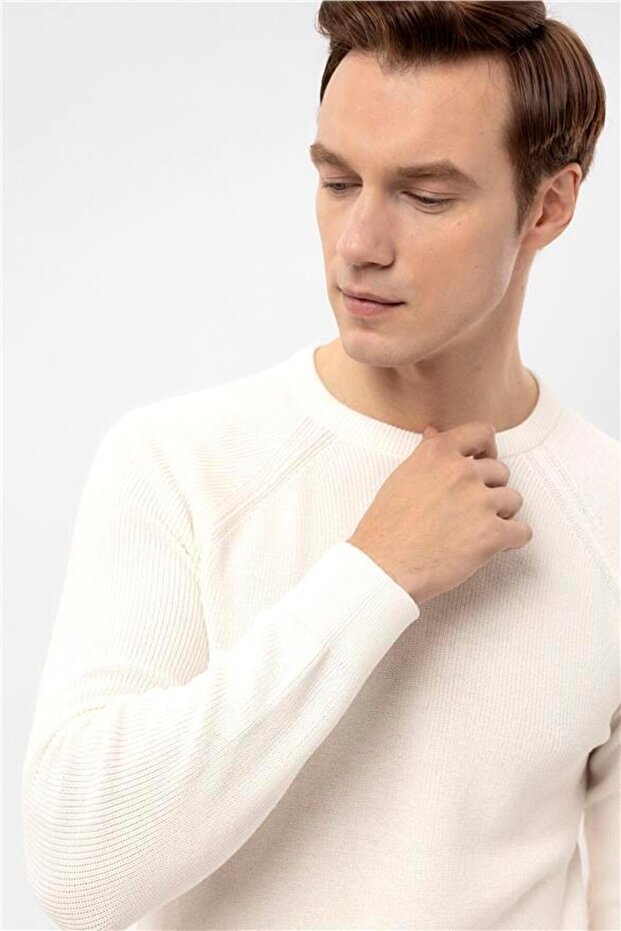 Ekru Regular Armürlü Bisiklet Yaka Triko - 5