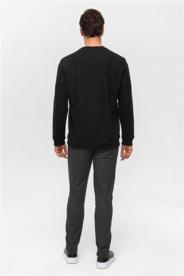 Siyah Regular Düz Bisiklet Yaka Sweatshirt - 5