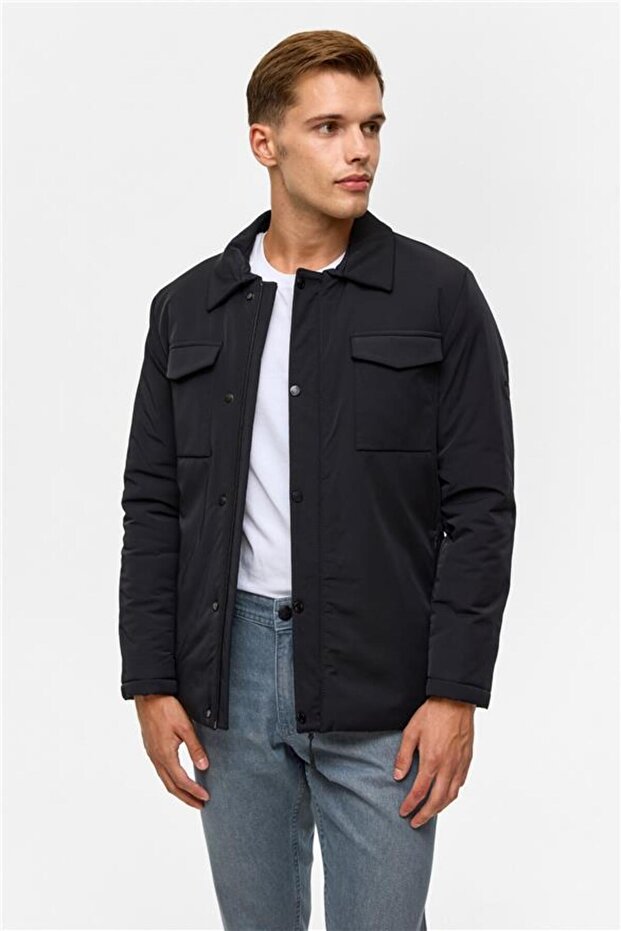 Lacivert Slim Düz Mont - 4