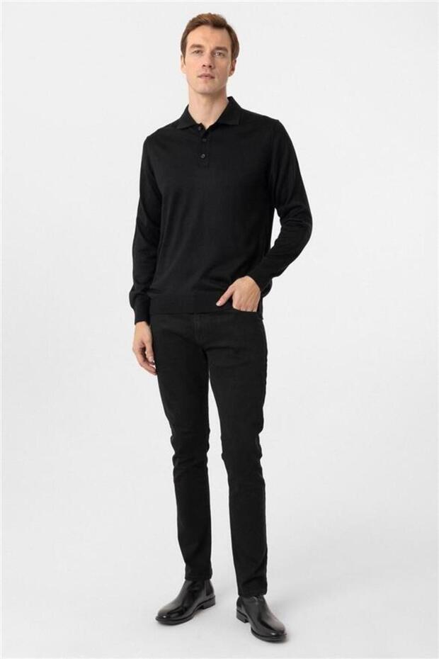 Siyah Regular Düz Polo Yaka Triko - 3