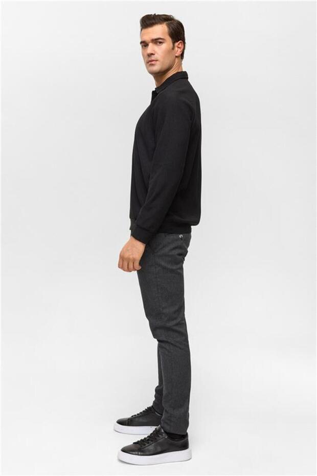 Siyah Regular Düz Polo Yaka Sweatshirt - 4