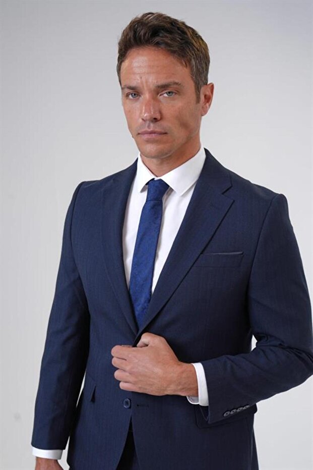 Lacivert Regular Armürlü Sivri Yaka 4 Drop Takım Elbise - 2