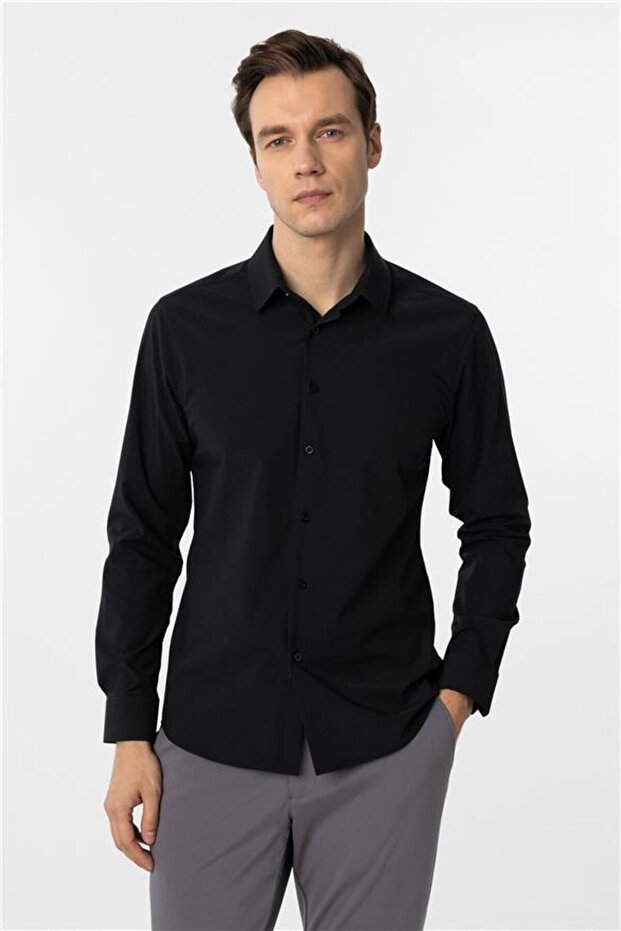 Köşeli Manşet Slim Düz Gömlek - 3