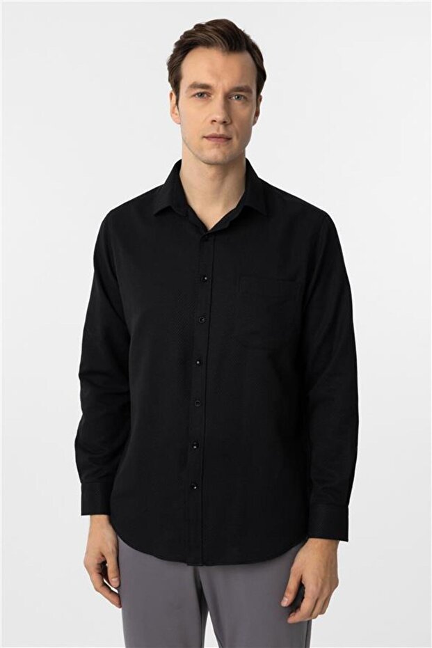 Köşeli Manşet Regular Armürlü Gömlek - 1