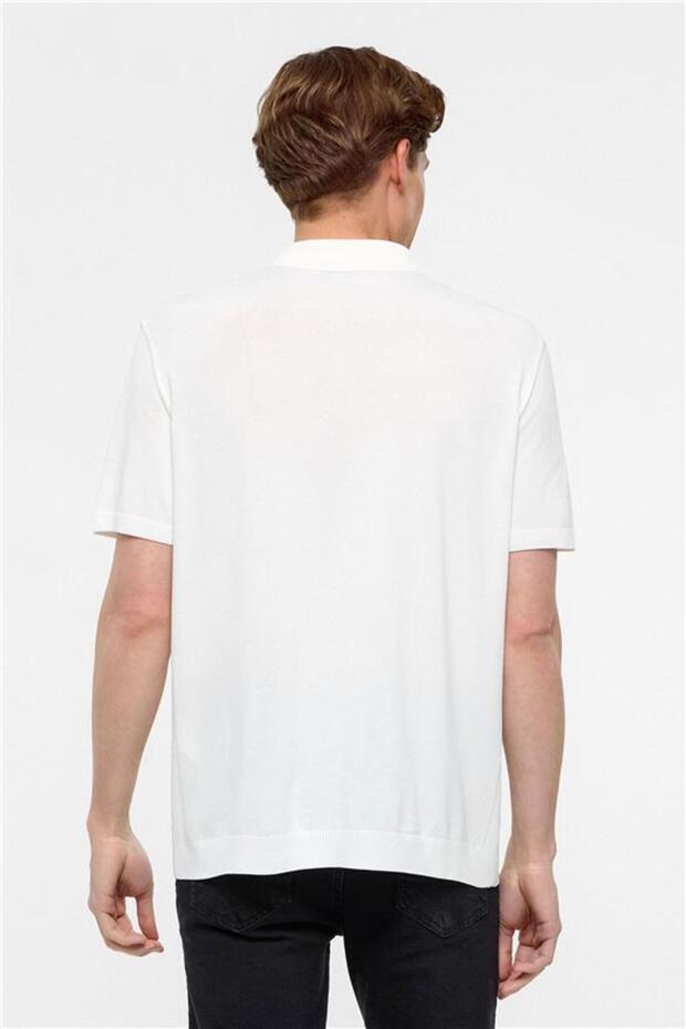 Beyaz Regular Düz Polo Yaka Triko - 5