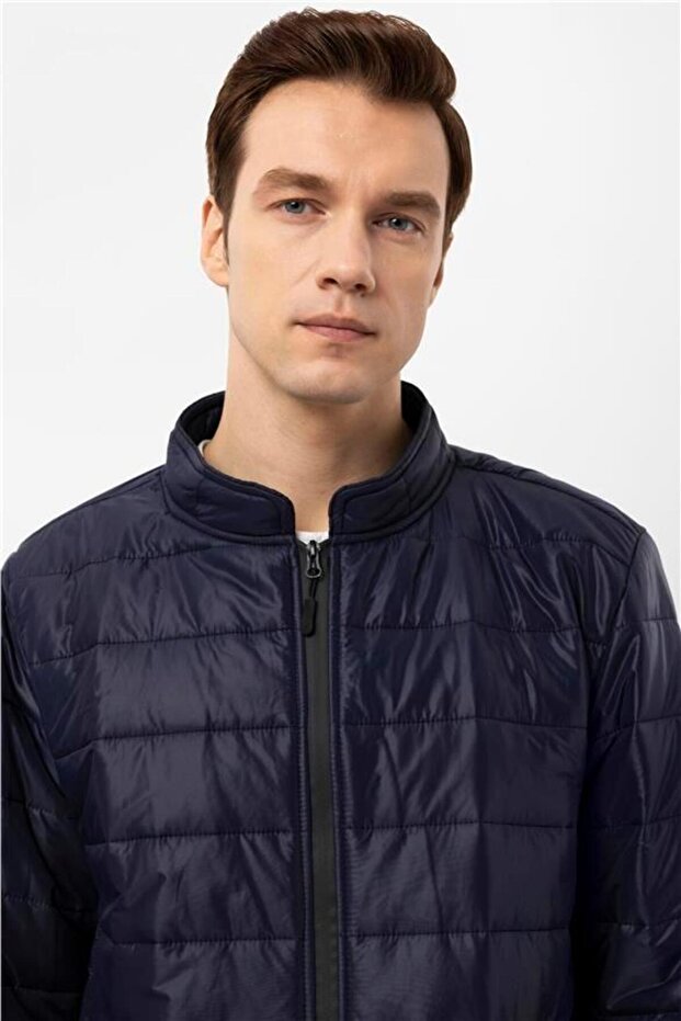 Lacivert Slim Kapitone Mont - 4