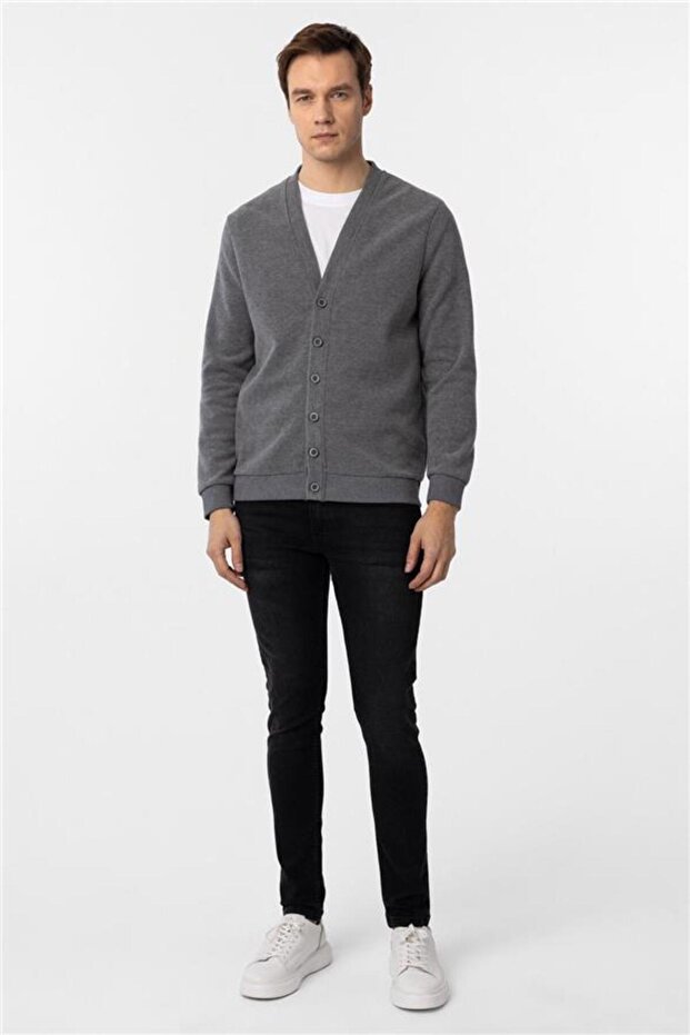 Gri Regular Armürlü V Yaka Hırka - 6