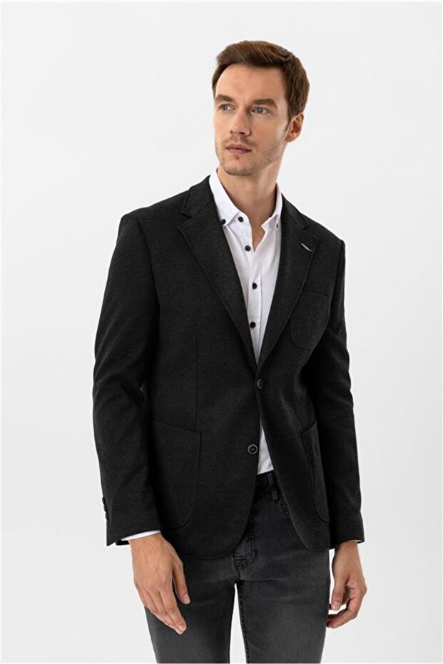 Siyah Slim Mono Yaka 6 Drop Ceket - 5