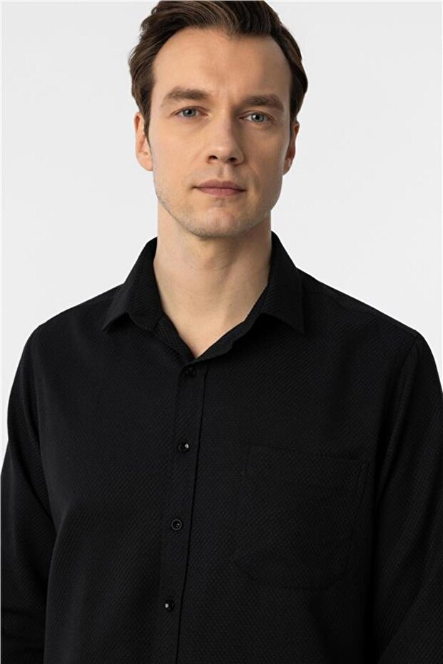 Köşeli Manşet Regular Armürlü Gömlek - 3