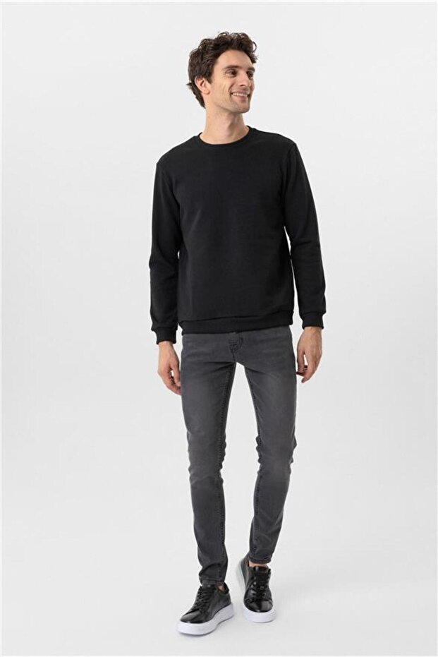 Siyah Regular Düz Bisiklet Yaka Sweatshirt - 2