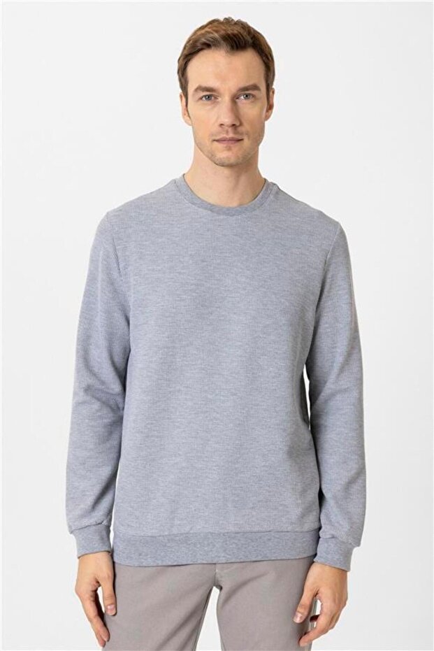 Gri Regular Armürlü Bisiklet Yaka Triko - 1