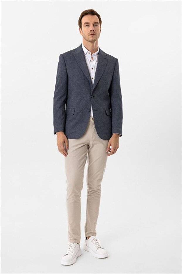 Lacivert Regular Desenli Sivri Yaka 4 Drop Ceket - 5