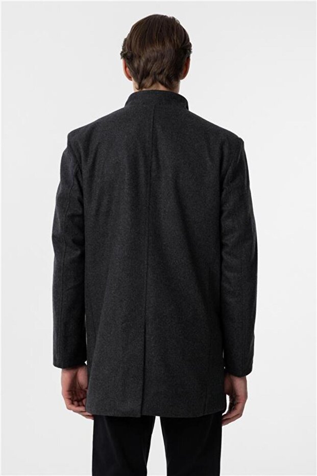Antrasit Regular Düz Hakim Yaka Kaban - 5