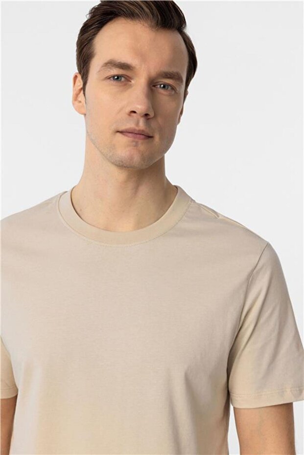 Bej Regular Düz Bisiklet Yaka Tişört - 5
