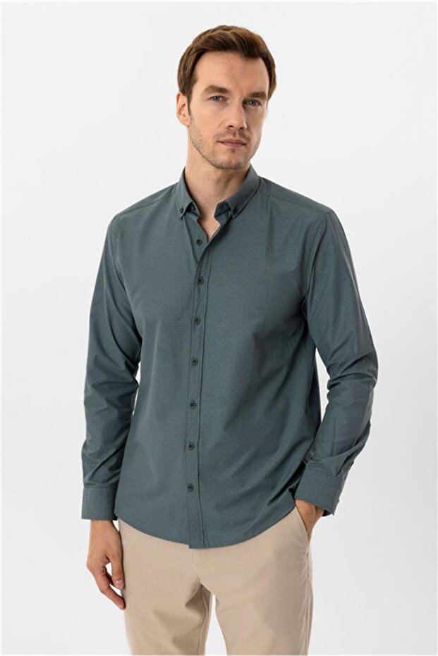 Köşeli Manşet Slim Baskılı Gömlek - 1