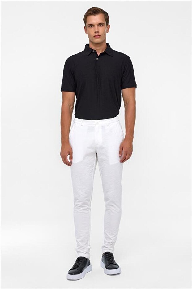 Beyaz Slim Armürlü Jogger Pantolon - 1