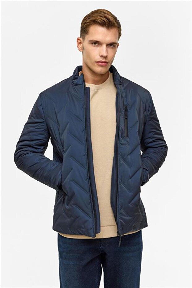 Lacivert Slim Kapitone Mont - 7