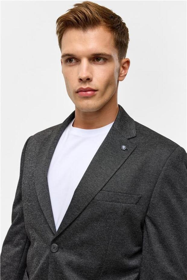 سترة سوداء رفيعة منقوشة بياقة مونو 6 دروب - 6