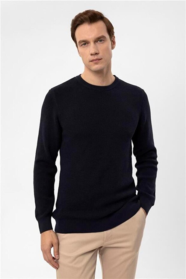 Lacivert Regular Armürlü Bisiklet Yaka Triko - 2