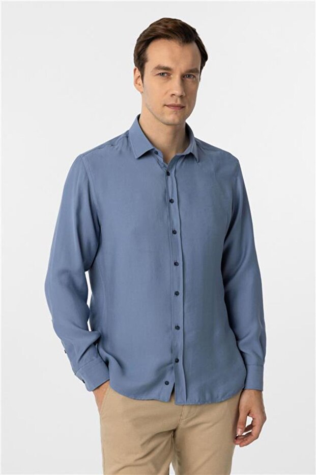 Köşeli Manşet Slim Düz Gömlek - 1