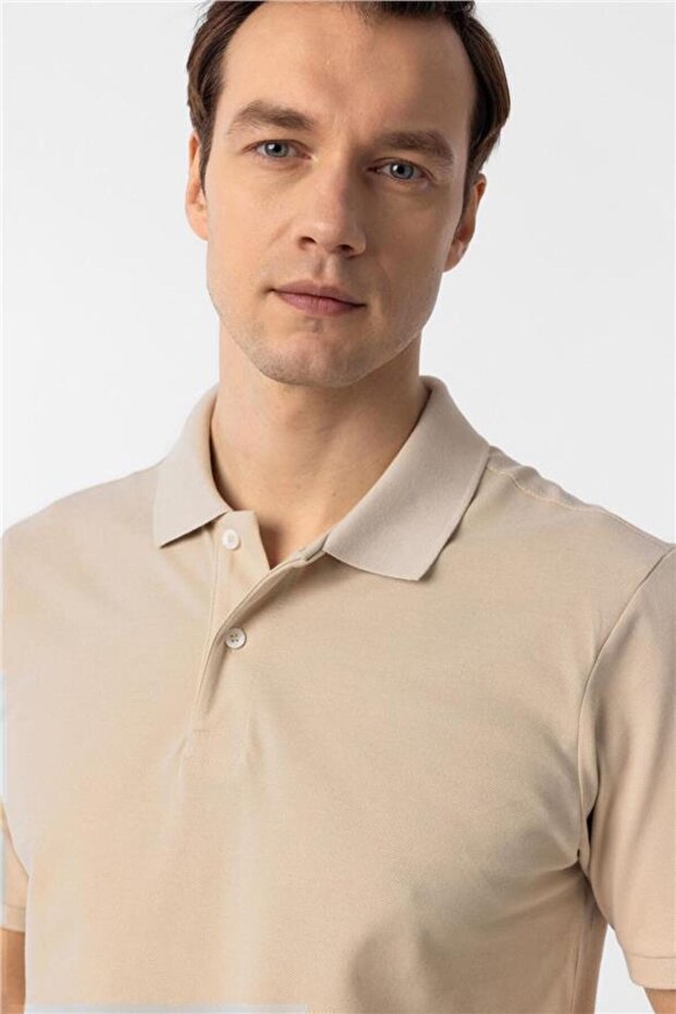 Bej Regular Armürlü Polo Yaka Tişört - 3