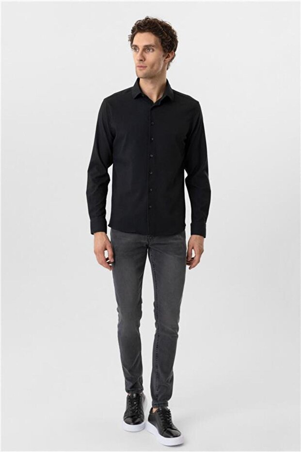 Köşeli Manşet Slim Düz Gömlek - 4