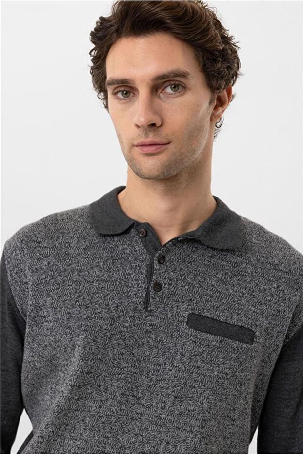 Antrasit Regular Armürlü Polo Yaka Triko - 5