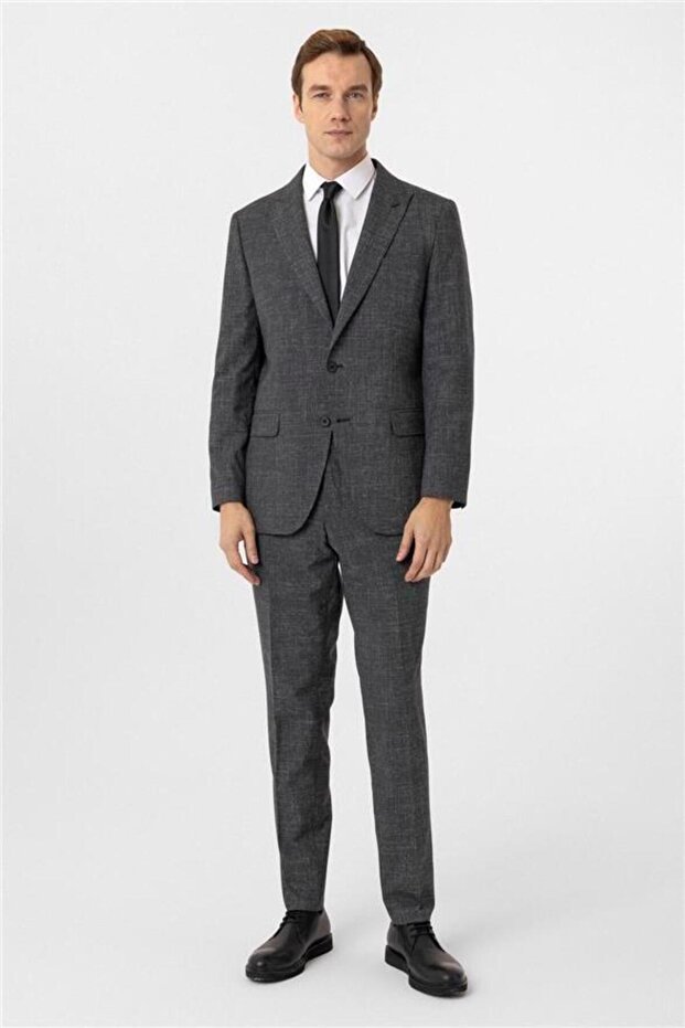 Antrasit Regular Desenli Sivri Yaka 6 Drop Takım Elbise - 4