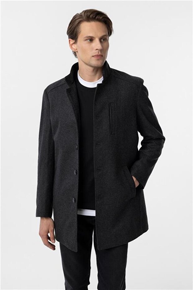 Antrasit Regular Düz Hakim Yaka Kaban - 2