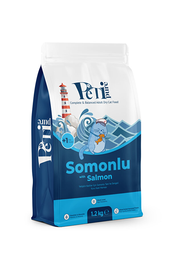 Petipure Somonlu Kuru Yetişkin Kedi Maması 1,2 Kg - Besleyici Vitamin İlaveli Tam ve Dengeli Mama