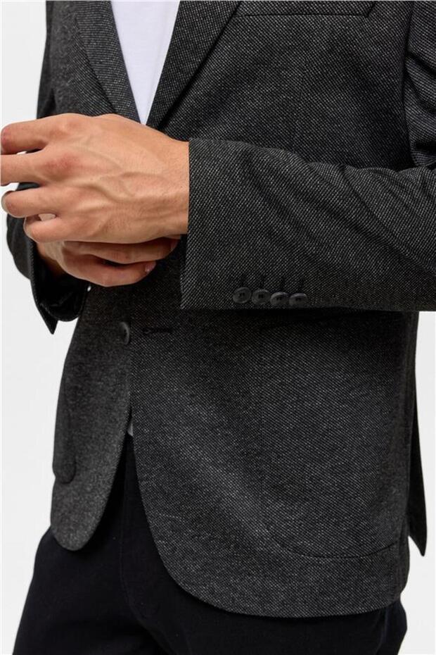 سترة سوداء رفيعة منقوشة بياقة مونو 6 دروب - 7