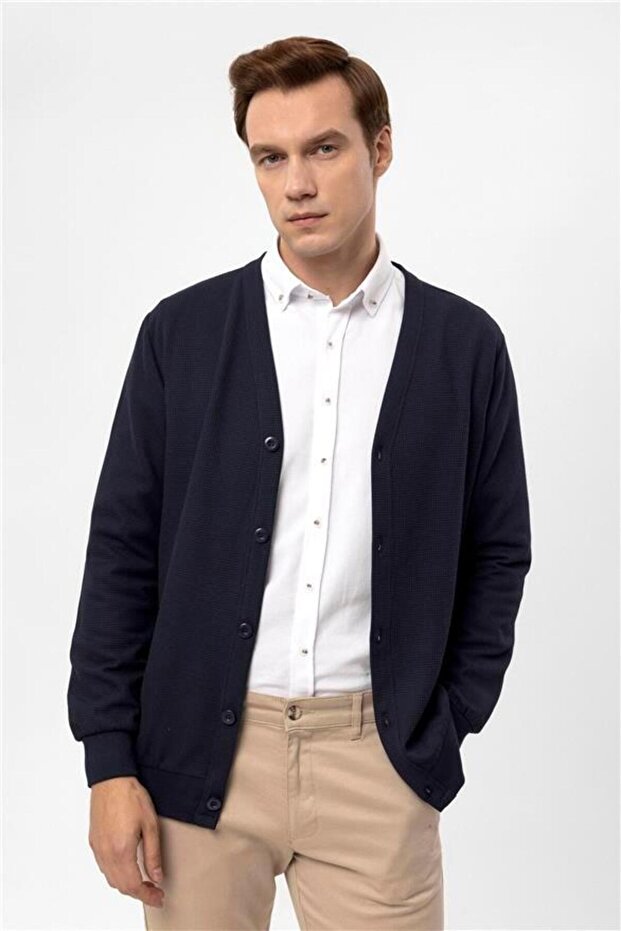 Lacivert Regular Kapitone Düğmeli Yaka Hırka - 7