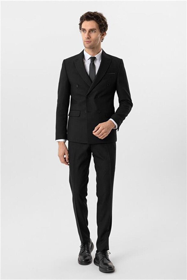 Black Slim Dobby Pointed Collar 6 Drop Suit - 1