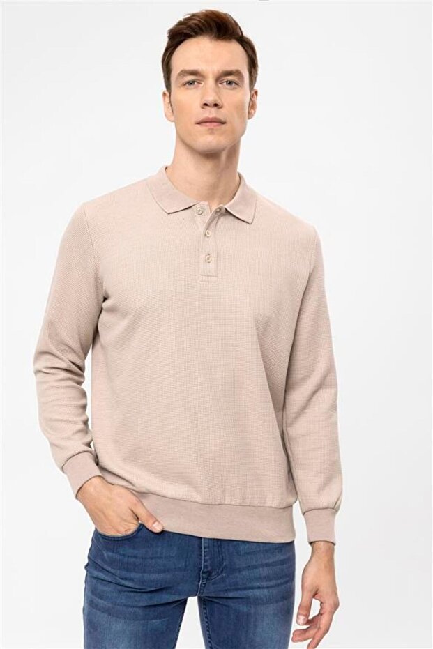 Bej Regular Armürlü Polo Yaka Sweatshirt - 4