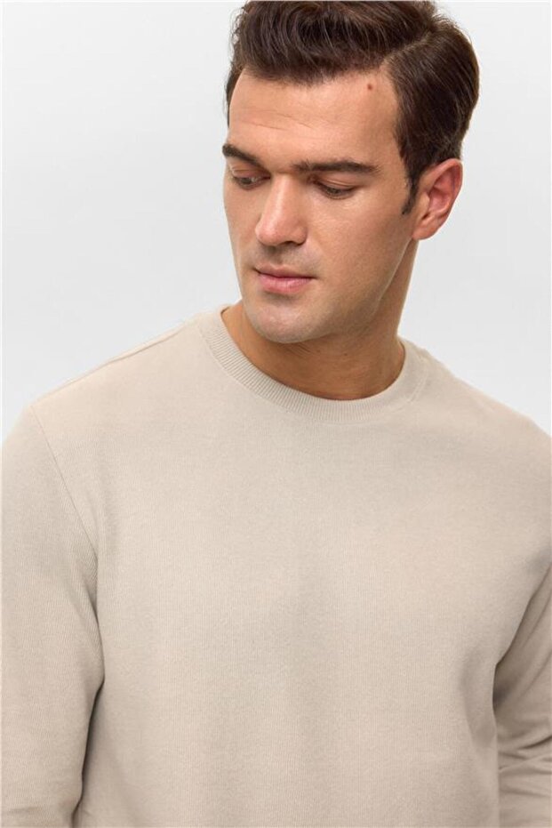 Ekru Regular Düz Bisiklet Yaka Sweatshirt - 2