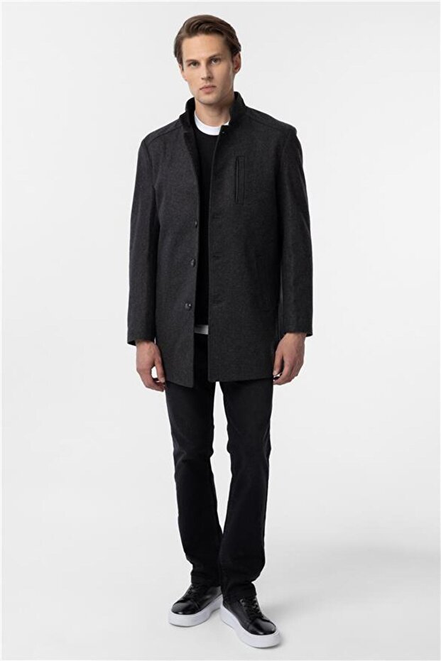 Antrasit Regular Düz Hakim Yaka Kaban - 6