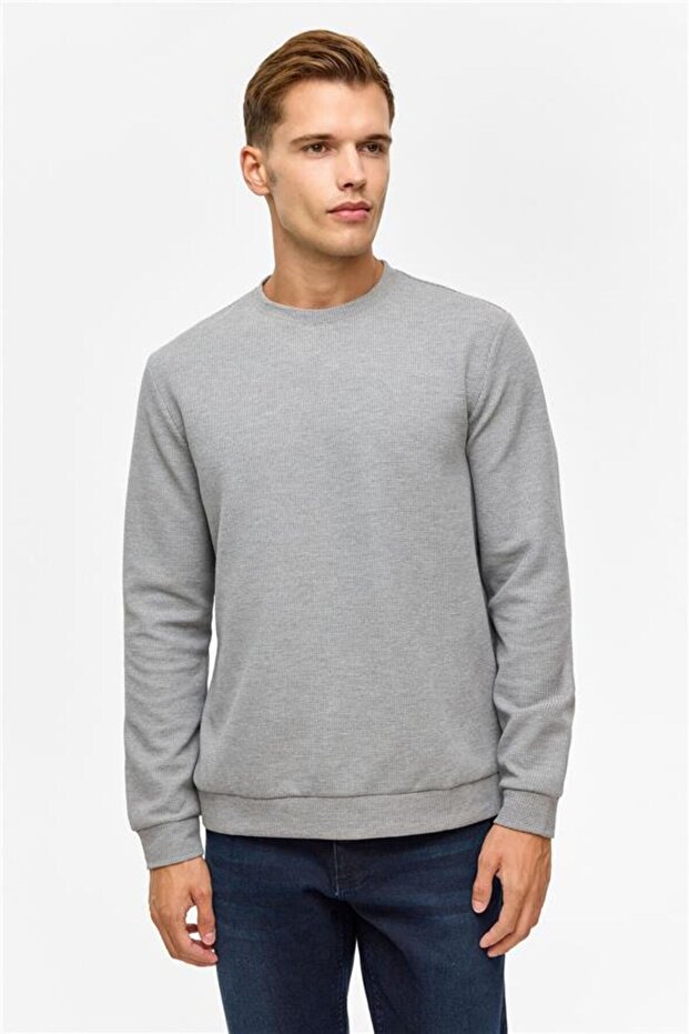 Gri Regular Düz Bisiklet Yaka Sweatshirt - 3