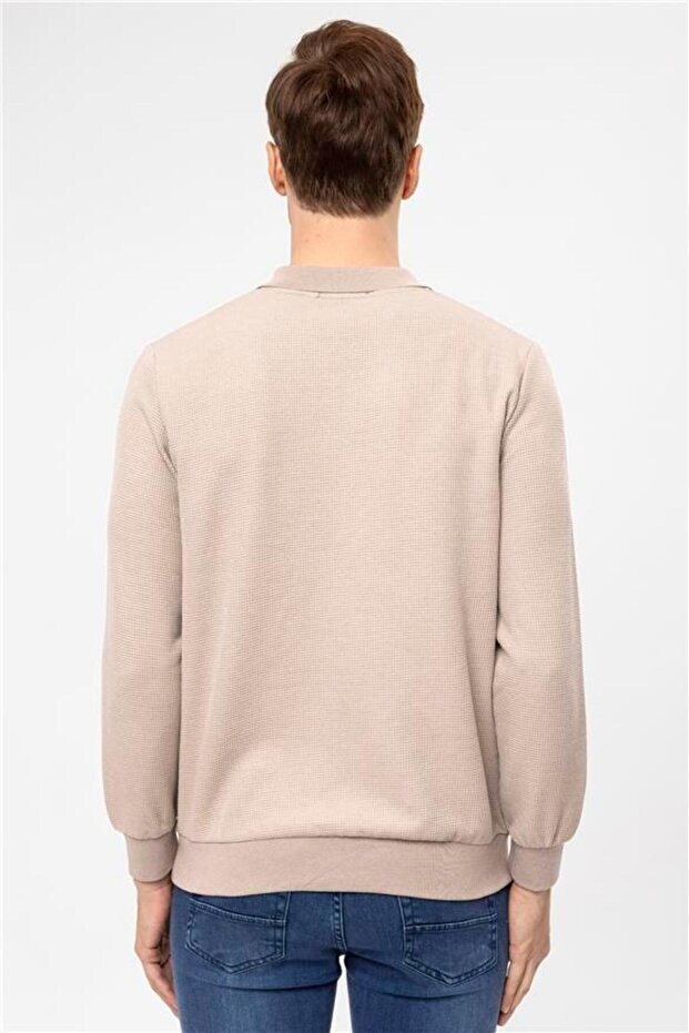 Bej Regular Armürlü Polo Yaka Sweatshirt - 3